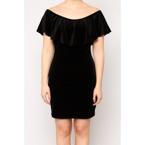 Forever 21 Black Velvet Ruffle Off Shoulder Bodycon Mini Dress - M - Picture 1 of 6